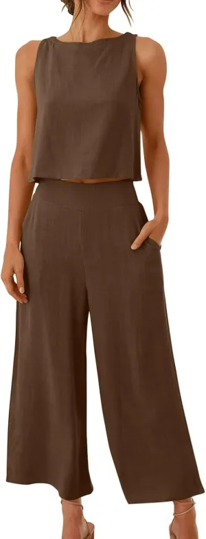 Two Piece Sets for Women Summer Vacation Outfits Sleeveless Crop Top Wide Leg Pants Lounge Beach Travel Clothing