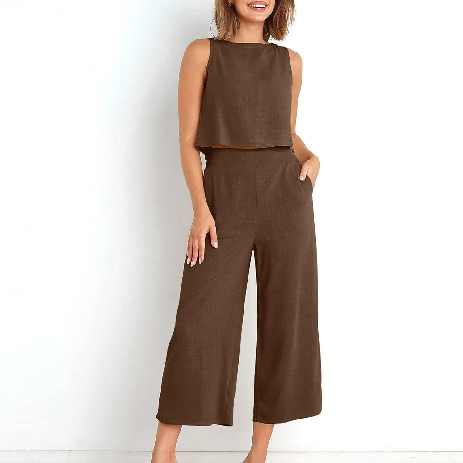Two Piece Sets for Women Summer Vacation Outfits Sleeveless Crop Top Wide Leg Pants Lounge Beach Travel Clothing