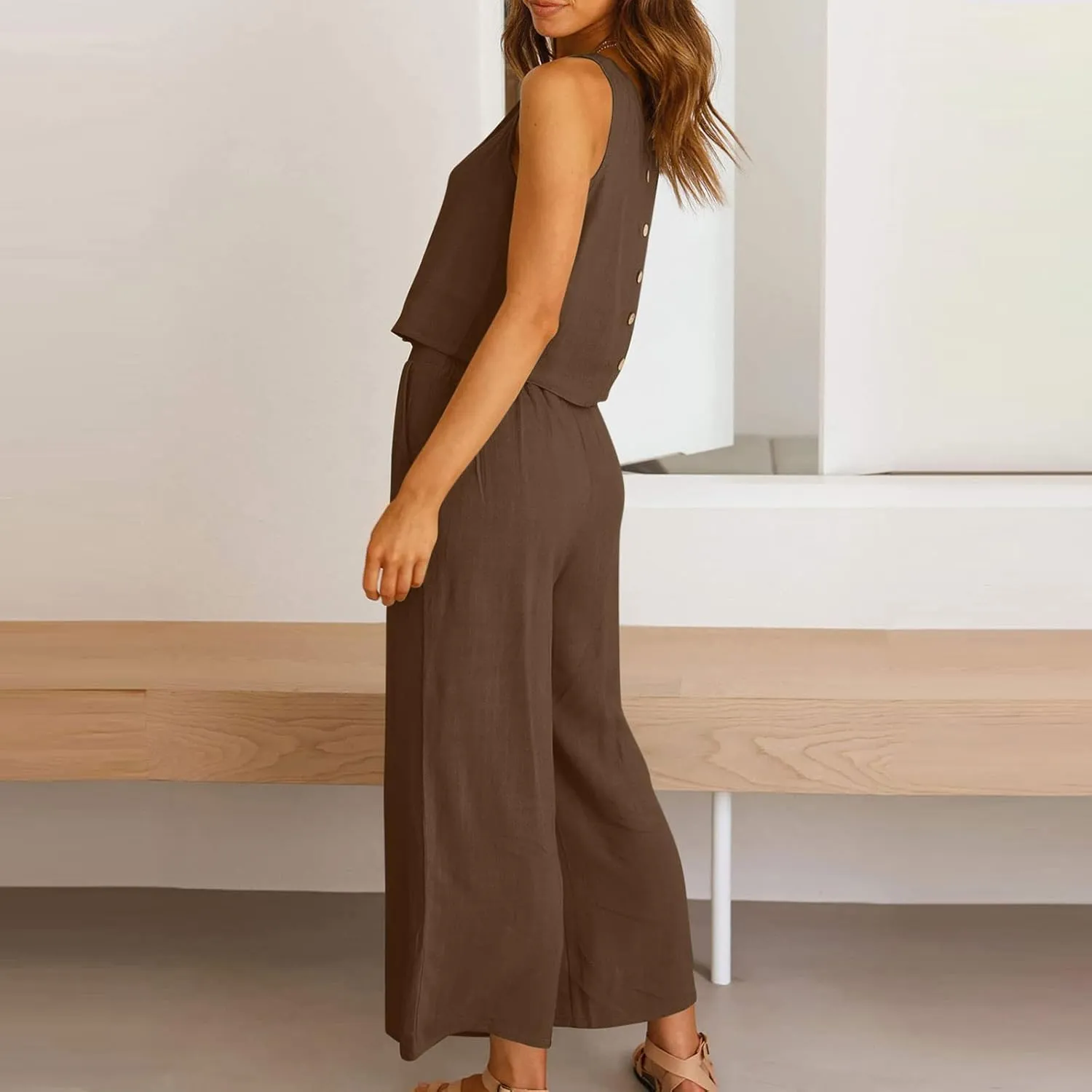 Two Piece Sets for Women Summer Vacation Outfits Sleeveless Crop Top Wide Leg Pants Lounge Beach Travel Clothing