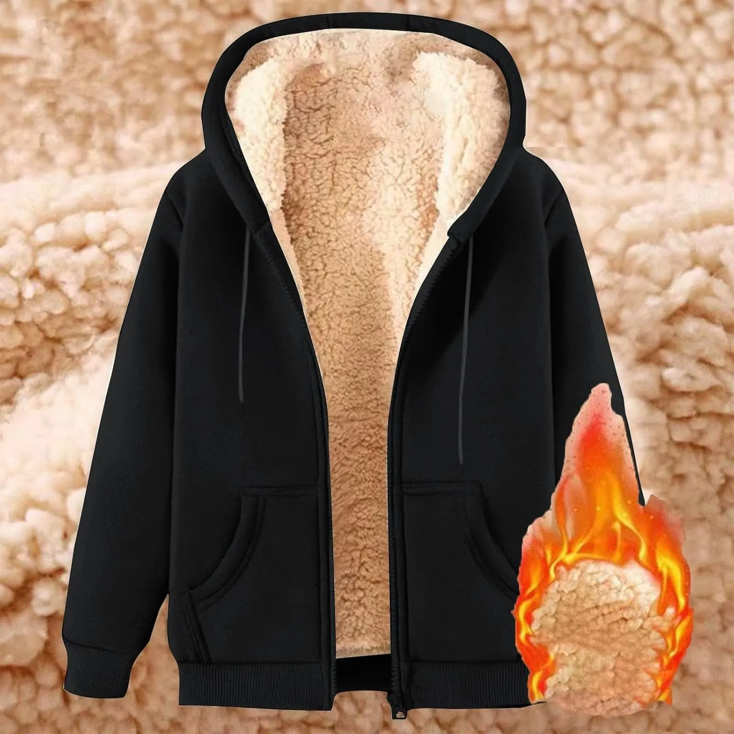 Unisex Women's Fleece Zip up Hoodie Warm and Cozy Sherpa Lined Sweatshirt Winter Fluffy Sweaters Hooded Jackets Coat