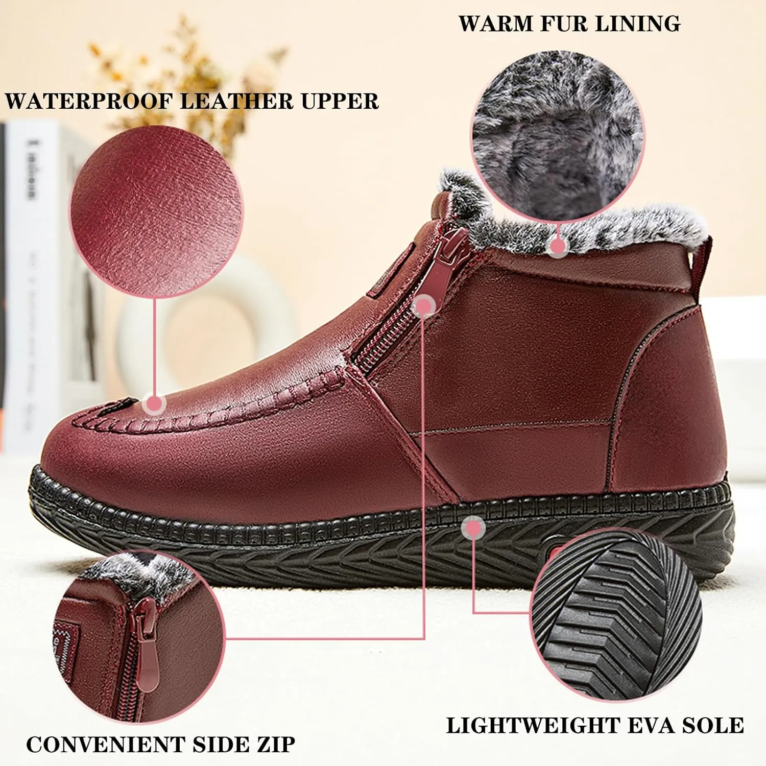 URLECHS Women's Fur Lined Winter Warm Snow Boots Lightweight Waterproof Leather Side Zipper Outdoor Ankle Boots Womens Winter Comfortable Non-Slip Shoes