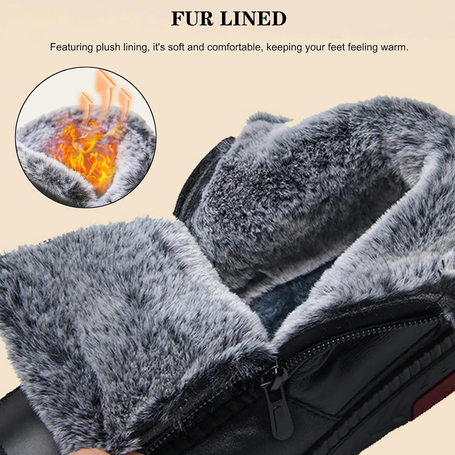 URLECHS Women's Fur Lined Winter Warm Snow Boots Lightweight Waterproof Leather Side Zipper Outdoor Ankle Boots Womens Winter Comfortable Non-Slip Shoes
