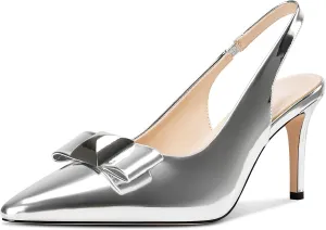 Usikall Womens Stiletto Heel Pointed Toe Pumps Slingback Bow-Knot Prom Dress Patent Leather 3.2 Inches Heels