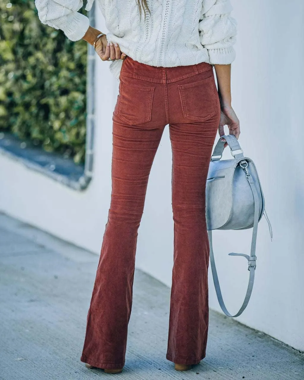 utcoco Womens Corduroy Flared Pants Slim Fit Elastic High Waist Bell Bottom Pants Trousers