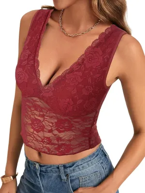 Vrtige Women's Sexy V Neck Lace Sleeveless Slim Fit Trendy Crop Cami Tank Top Blouse