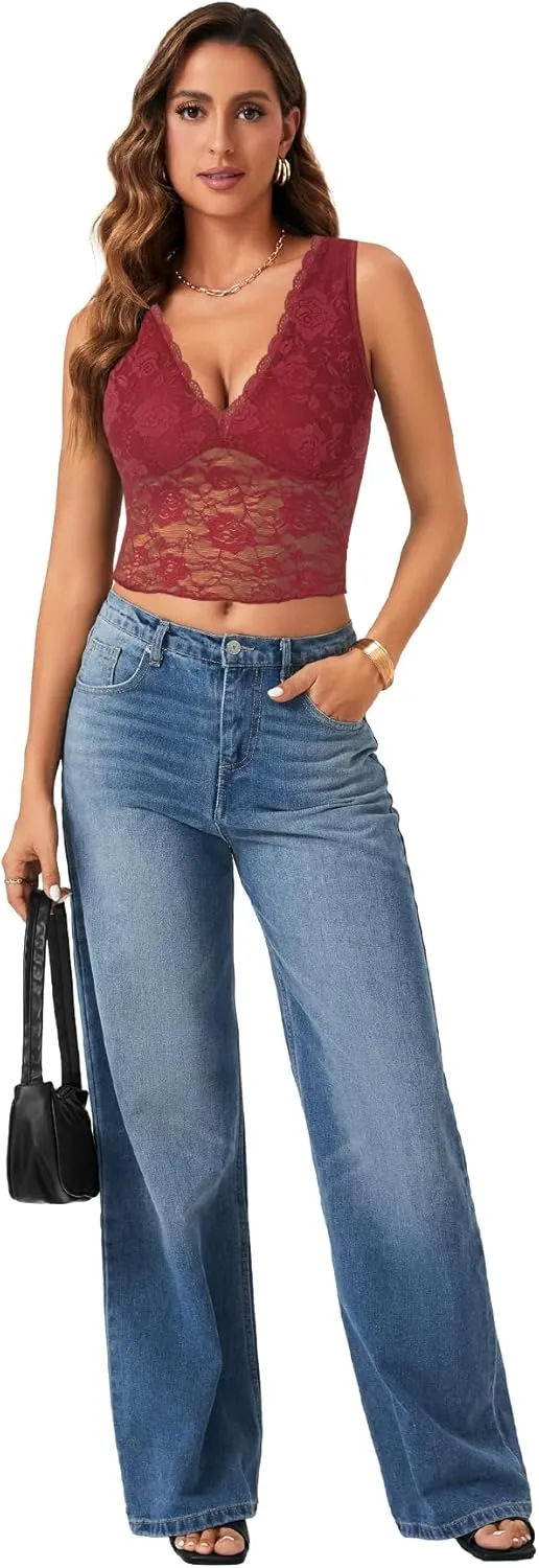 Vrtige Women's Sexy V Neck Lace Sleeveless Slim Fit Trendy Crop Cami Tank Top Blouse