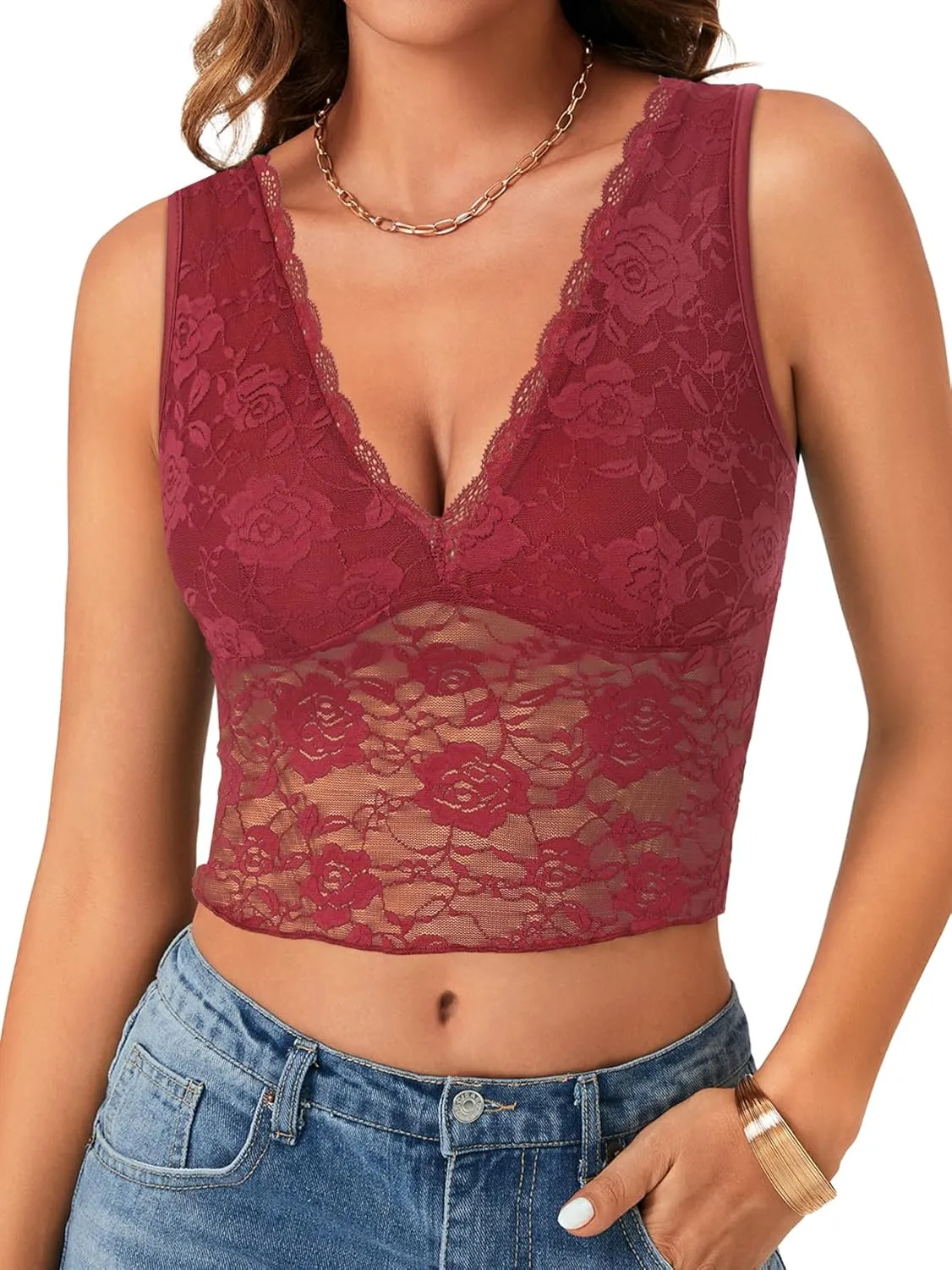 Vrtige Women's Sexy V Neck Lace Sleeveless Slim Fit Trendy Crop Cami Tank Top Blouse