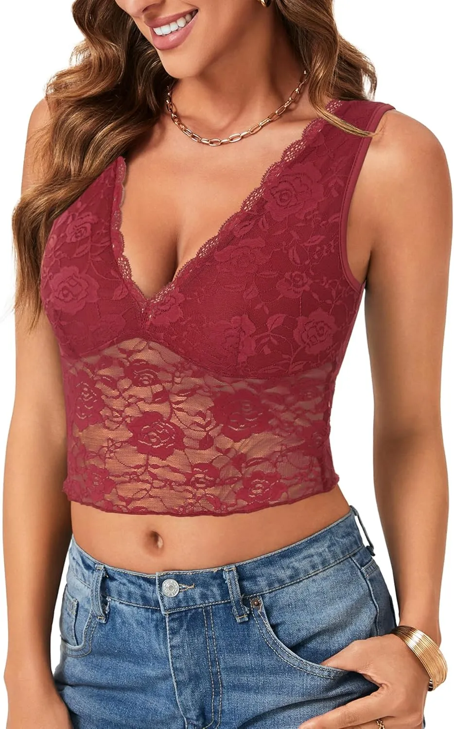 Vrtige Women's Sexy V Neck Lace Sleeveless Slim Fit Trendy Crop Cami Tank Top Blouse