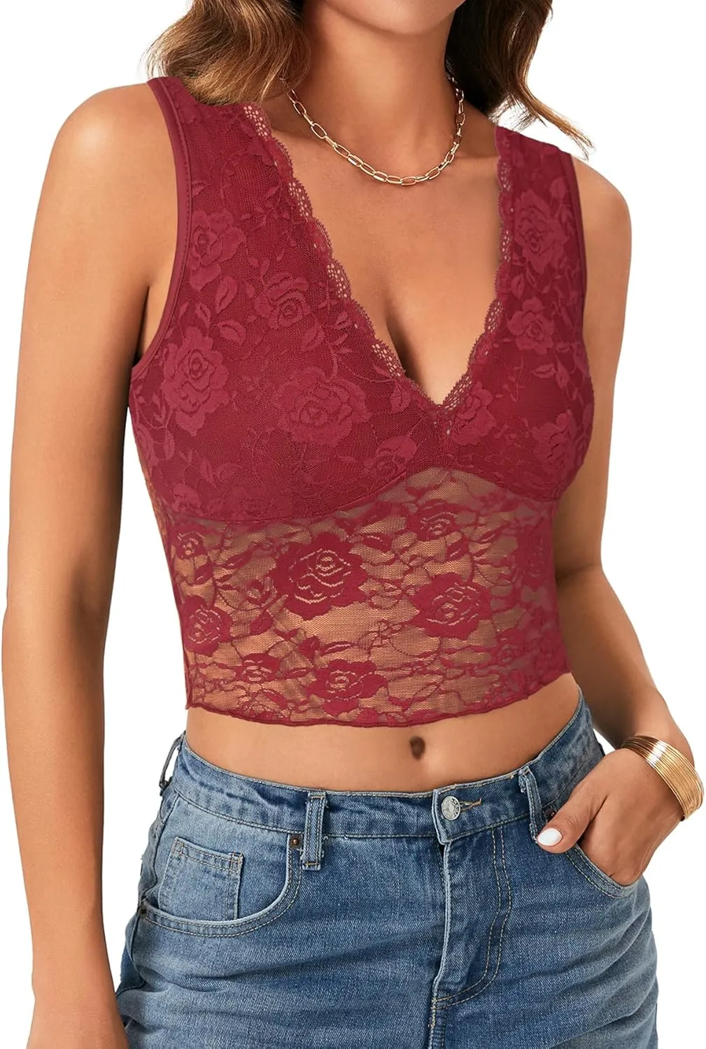 Vrtige Women's Sexy V Neck Lace Sleeveless Slim Fit Trendy Crop Cami Tank Top Blouse