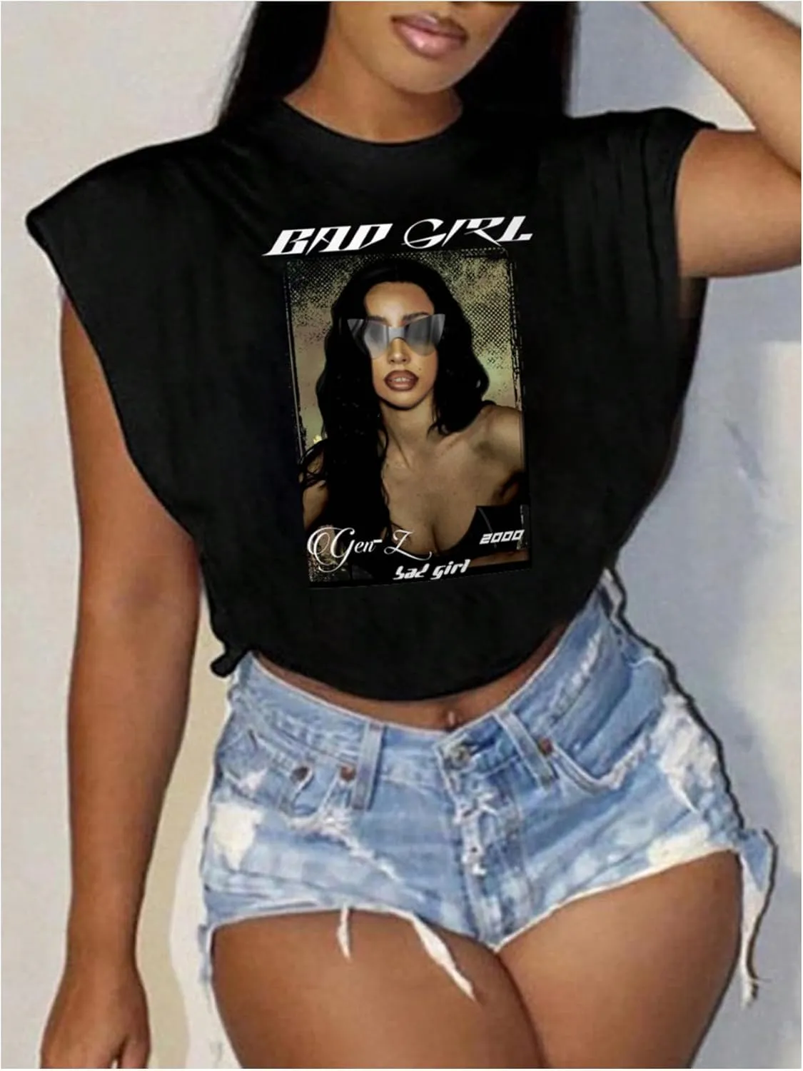 WDIRARA Women's Graphic Print Cap Sleeve Crop Top Crewneck Short Sleeve Tee Y2k T Shirt