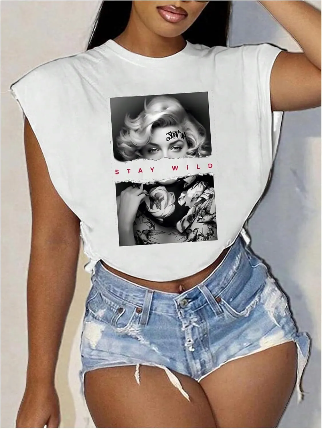 WDIRARA Women's Graphic Print Cap Sleeve Crop Top Crewneck Short Sleeve Tee Y2k T Shirt