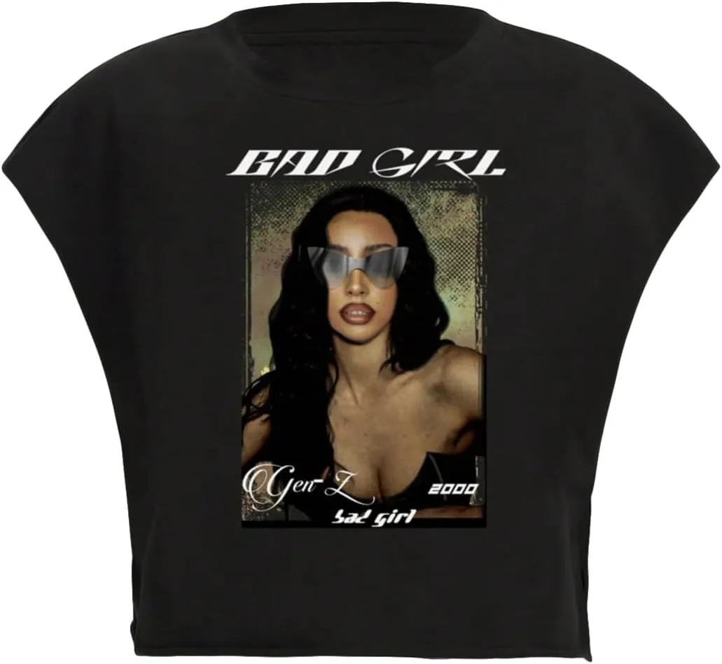 WDIRARA Women's Graphic Print Cap Sleeve Crop Top Crewneck Short Sleeve Tee Y2k T Shirt