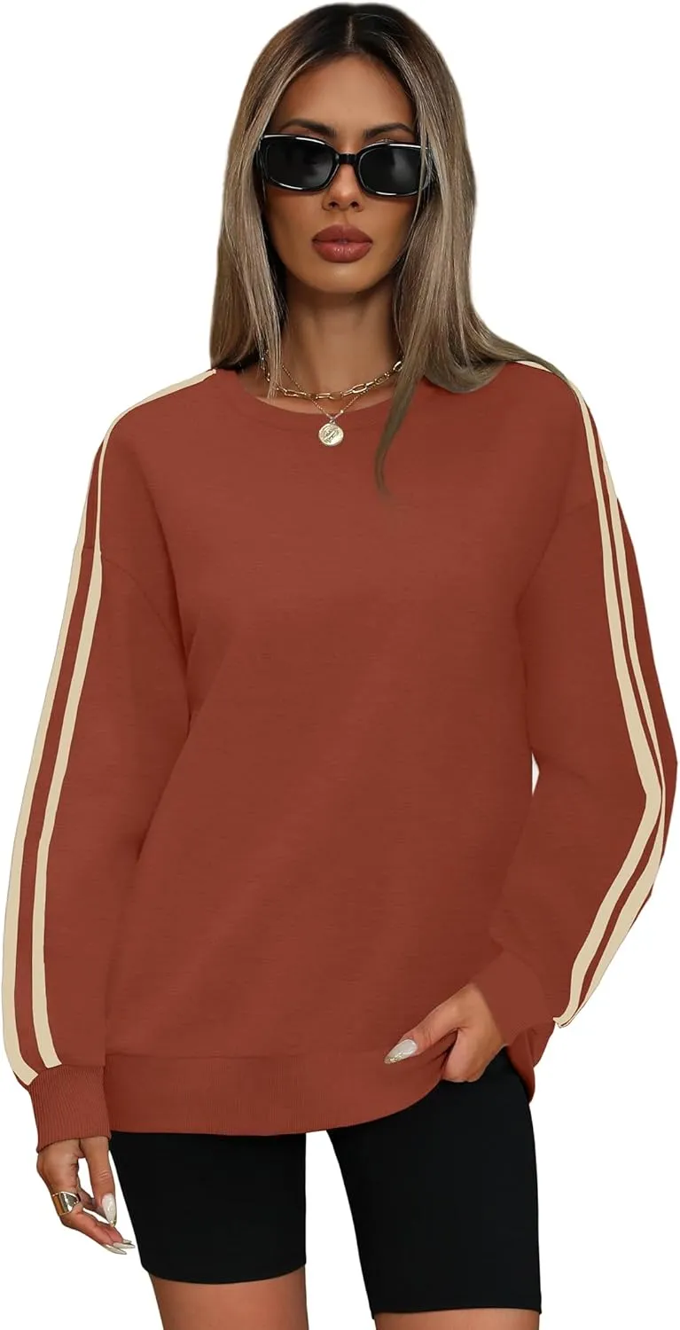 WIHOLL Womens Sweatshirts Oversized Long Sleeve Pullover Striped Shirts Crewneck Fall Outfits Y2K Preppy Clothes