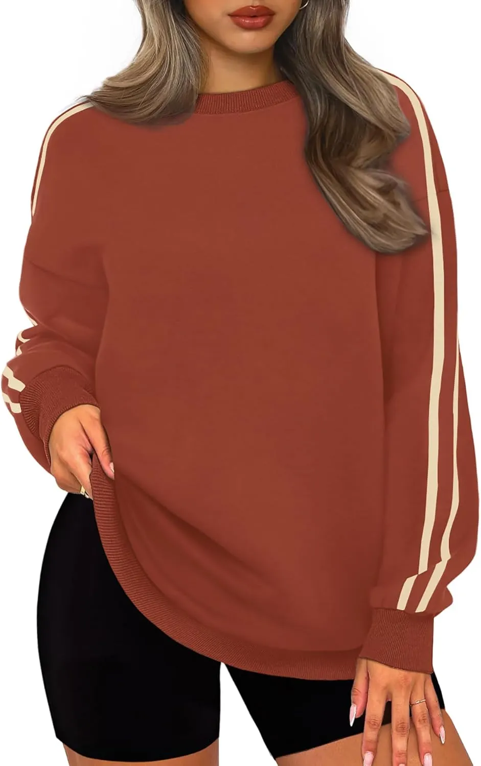 WIHOLL Womens Sweatshirts Oversized Long Sleeve Pullover Striped Shirts Crewneck Fall Outfits Y2K Preppy Clothes
