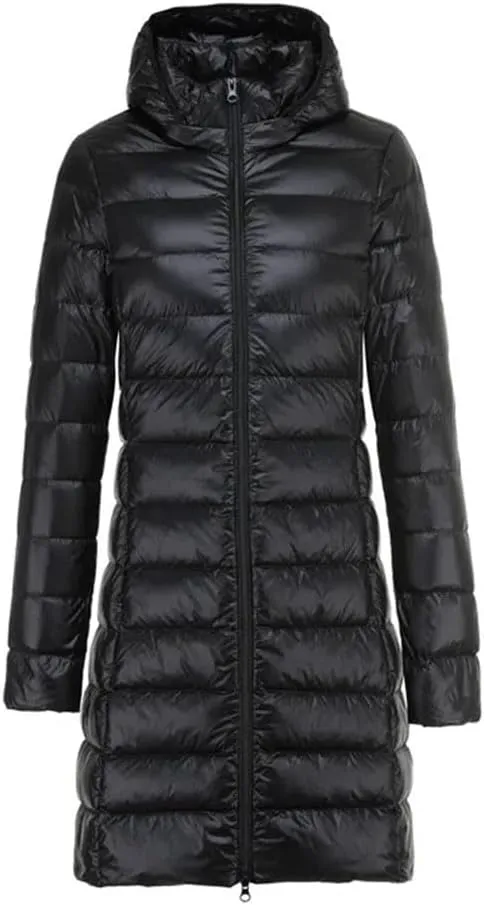 Winter Women Midi Long Down Coat Warm Ultra Light White Duck Down Jacket Parkas Hooded Puffer Outerwears