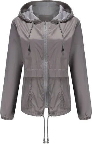 Wkishenl Rain Jacket Women Solid Summer Fall Outdoor Jackets Lightweight Hooded Windproof Trench Coats Zip Raincoat