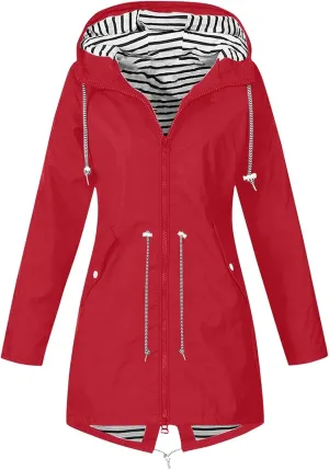 Wkishenl Womens Rain Jacket Zipper Lace Up Waterproof Hooded Long Trench Coats Striped Lined Windbreaker Travel Jacket