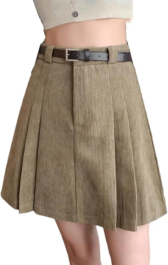 Women A-Line High Waist Mini Pleated Skirt Casual Corduroy Skirts