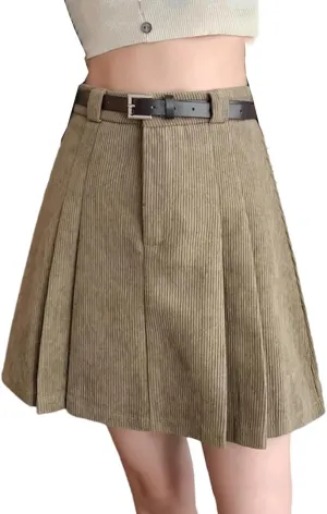Women A-Line High Waist Mini Pleated Skirt Casual Corduroy Skirts