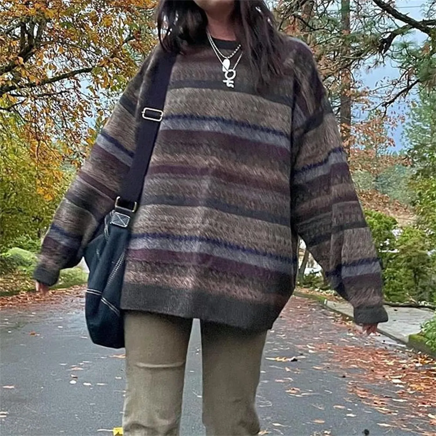Women Argyle Plaid Oversized Sweater Long Sleeve Crewneck 90s Vintage Aesthetic Pullover Top Harajuku Preppy Sweater