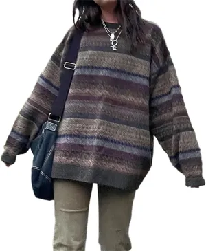 Women Argyle Plaid Oversized Sweater Long Sleeve Crewneck 90s Vintage Aesthetic Pullover Top Harajuku Preppy Sweater
