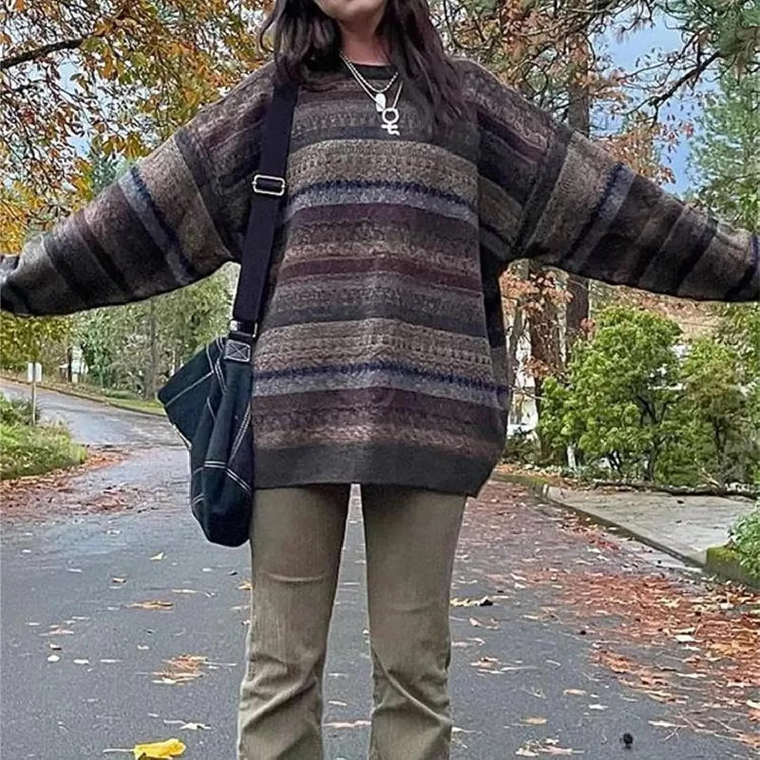 Women Argyle Plaid Oversized Sweater Long Sleeve Crewneck 90s Vintage Aesthetic Pullover Top Harajuku Preppy Sweater