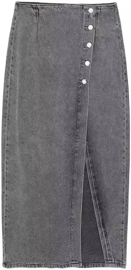 Women Button Front Split Denim Skirt Casual Midi High Waist Slim Fit Vintage Side Slit Skirt