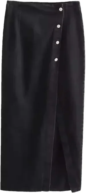 Women Button Front Split Denim Skirt Casual Midi High Waist Slim Fit Vintage Side Slit Skirt