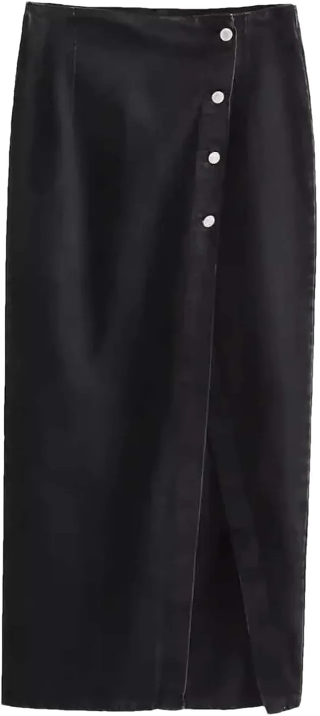 Women Button Front Split Denim Skirt Casual Midi High Waist Slim Fit Vintage Side Slit Skirt