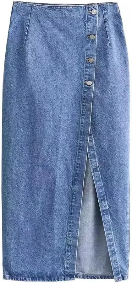 Women Button Front Split Denim Skirt Casual Midi High Waist Slim Fit Vintage Side Slit Skirt