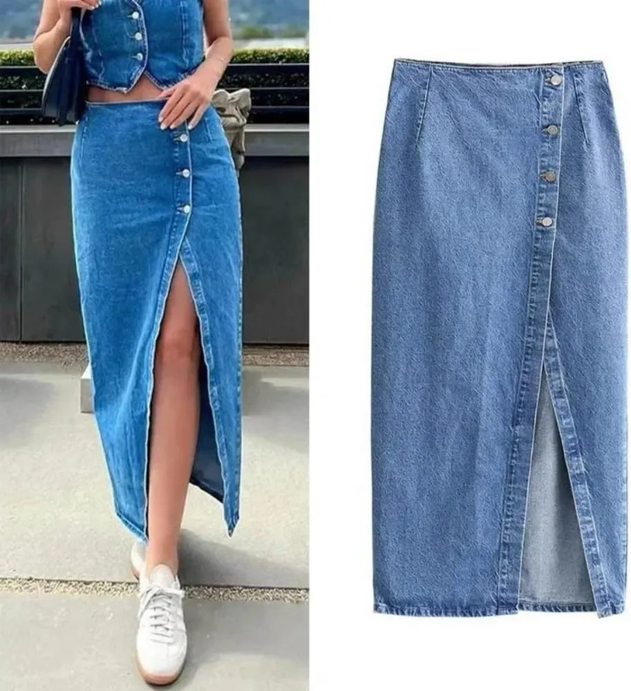 Women Button Front Split Denim Skirt Casual Midi High Waist Slim Fit Vintage Side Slit Skirt