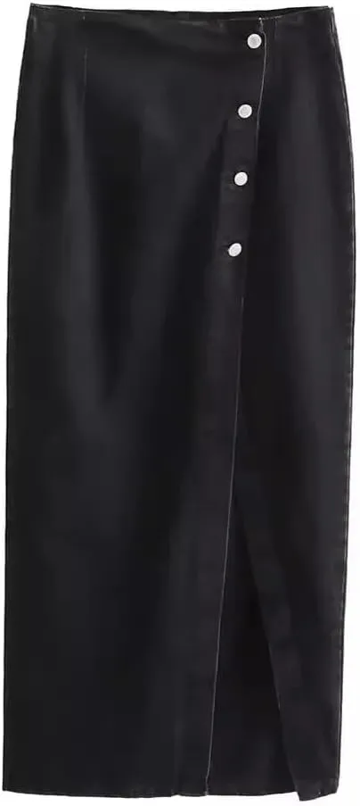 Women Button Front Split Denim Skirt Casual Midi High Waist Slim Fit Vintage Side Slit Skirt