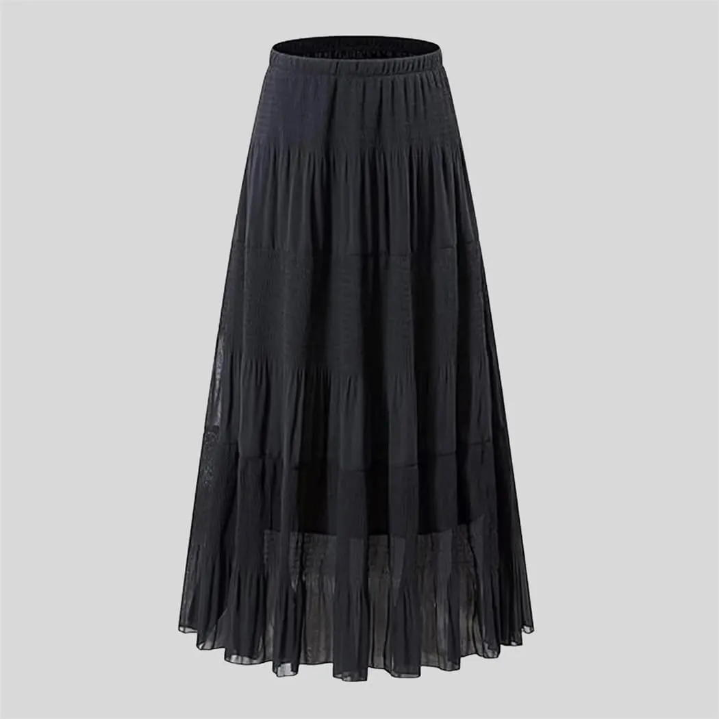 Women Casual A Line Skirt High Waisted Elastic Waistband Tiered Ruched Long Breathable Summer Skirts
