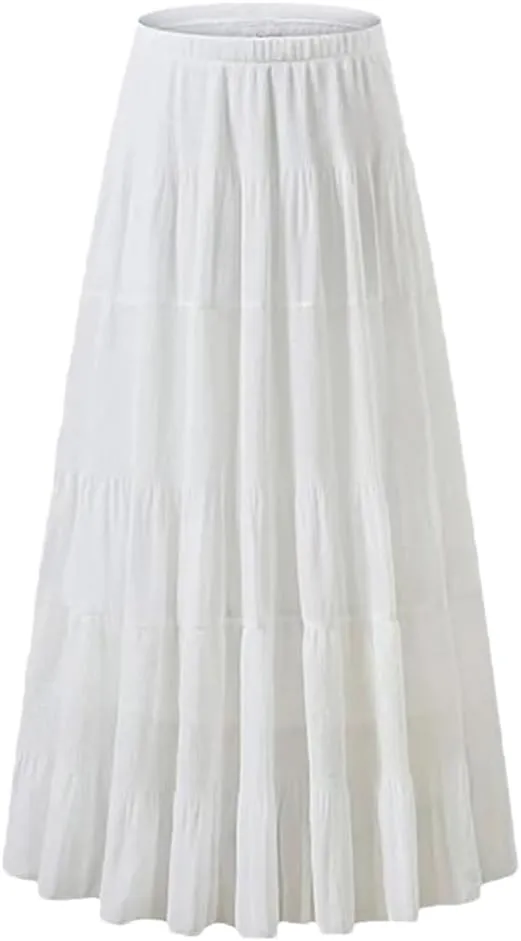 Women Casual A Line Skirt High Waisted Elastic Waistband Tiered Ruched Long Breathable Summer Skirts
