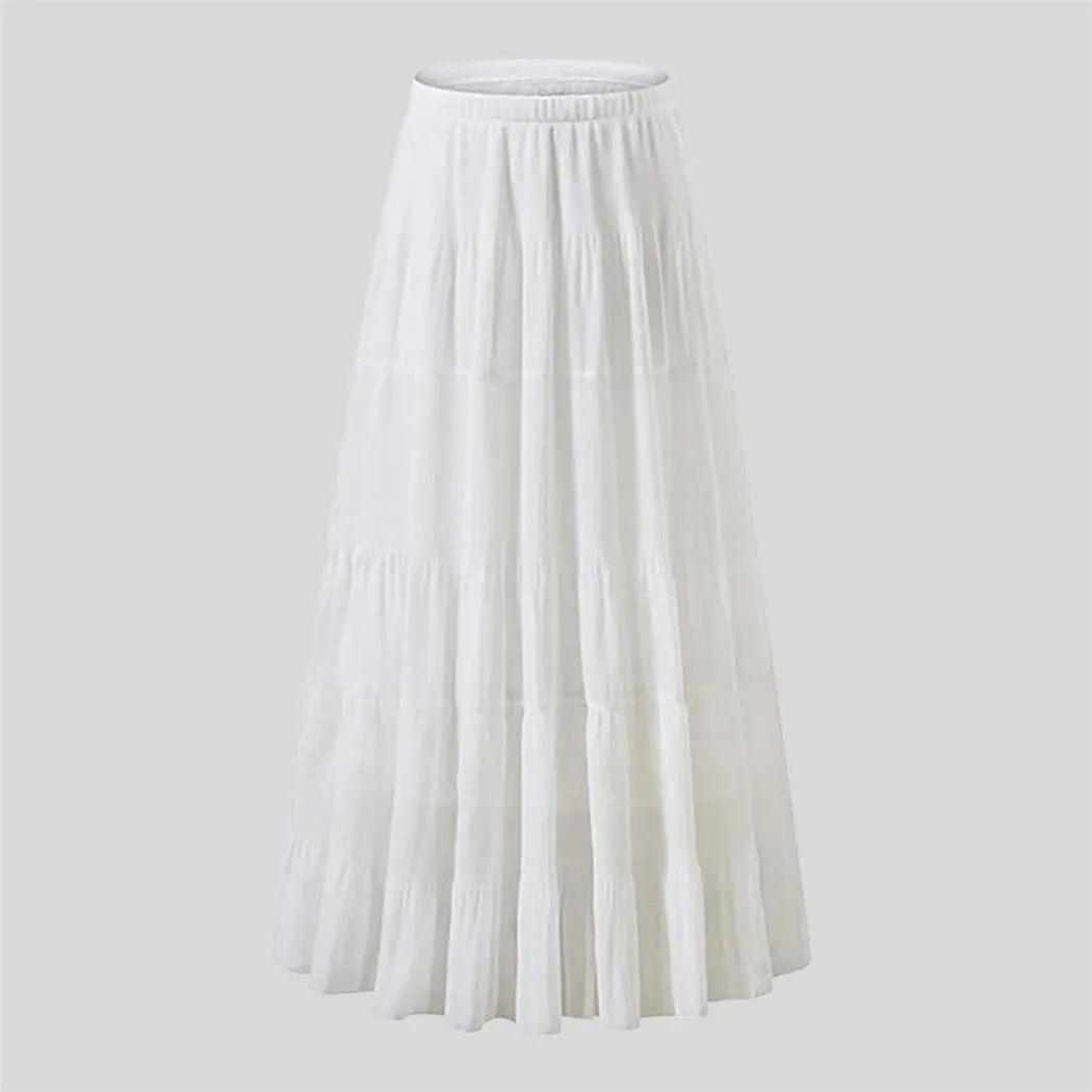 Women Casual A Line Skirt High Waisted Elastic Waistband Tiered Ruched Long Breathable Summer Skirts