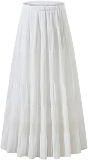 Women Casual A Line Skirt High Waisted Elastic Waistband Tiered Ruched Long Breathable Summer Skirts