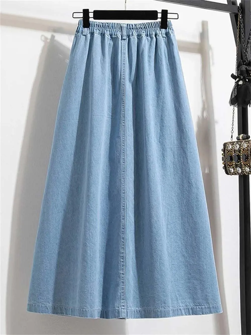 Women Casual High Waist Denim Long Skirt Vintage Solid A-Line Button-Fly Jean Skirts