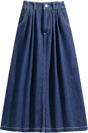 Women Casual High Waist Denim Long Skirt Vintage Solid A-Line Button-Fly Jean Skirts
