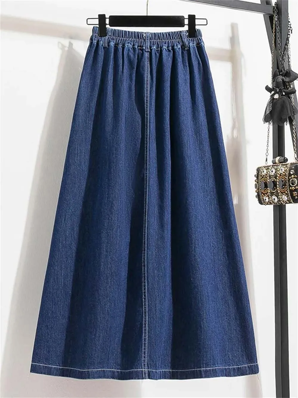 Women Casual High Waist Denim Long Skirt Vintage Solid A-Line Button-Fly Jean Skirts