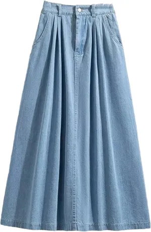 Women Casual High Waist Denim Long Skirt Vintage Solid A-Line Button-Fly Jean Skirts