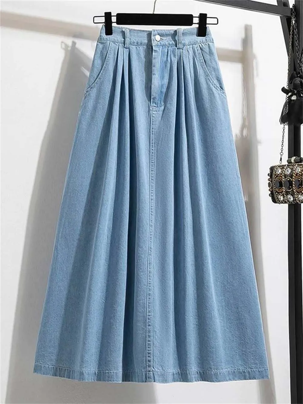 Women Casual High Waist Denim Long Skirt Vintage Solid A-Line Button-Fly Jean Skirts