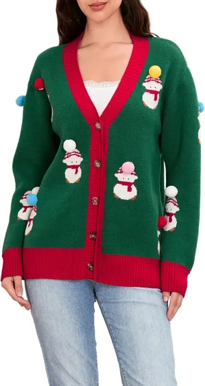 Women Christmas Cardigan Sweater Long Sleeve Button Down Open Front Crop Knit Sweater Coat Christmas Warm Outerwear