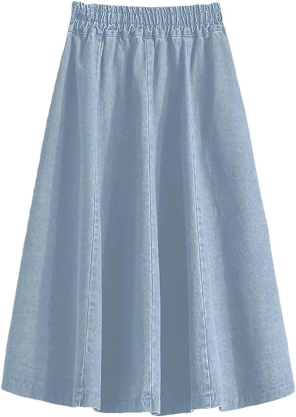 Women Classic High Waist Blue Denim Pleated Skirt Loose A-Line Medium Length Buttons Jean Skirts