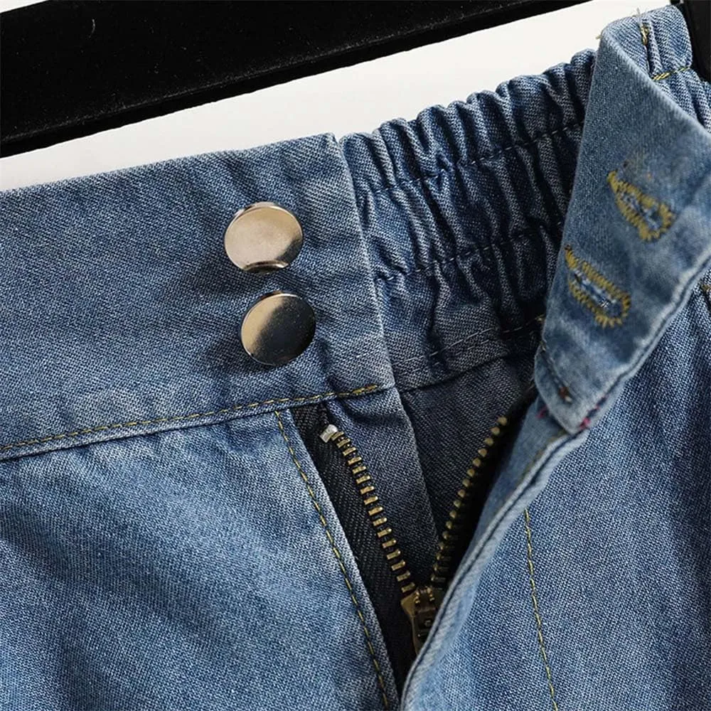 Women Classic High Waist Blue Denim Pleated Skirt Loose A-Line Medium Length Buttons Jean Skirts