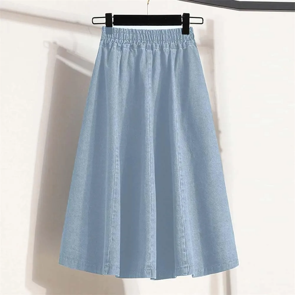 Women Classic High Waist Blue Denim Pleated Skirt Loose A-Line Medium Length Buttons Jean Skirts