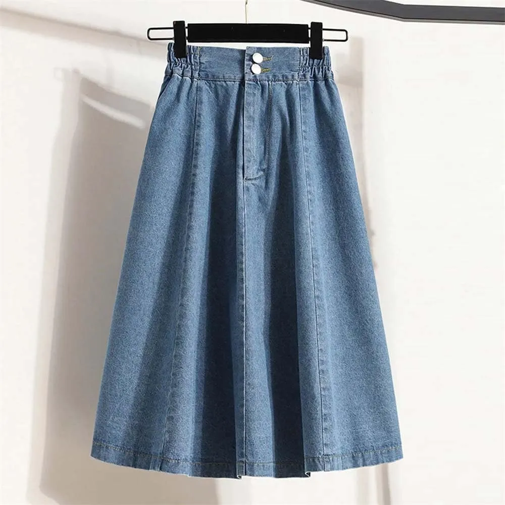 Women Classic High Waist Blue Denim Pleated Skirt Loose A-Line Medium Length Buttons Jean Skirts