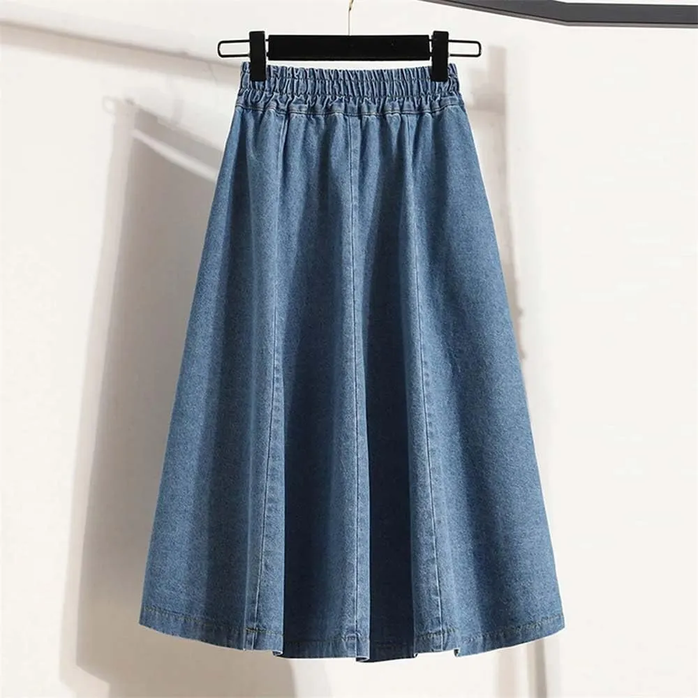 Women Classic High Waist Blue Denim Pleated Skirt Loose A-Line Medium Length Buttons Jean Skirts