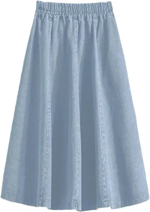 Women Classic High Waist Blue Denim Pleated Skirt Loose A-Line Medium Length Buttons Jean Skirts
