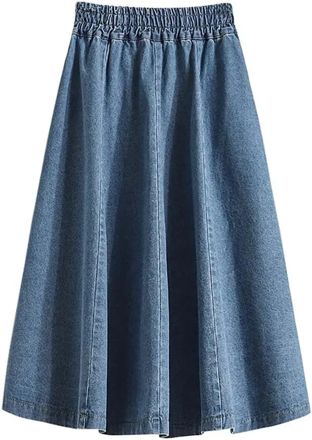 Women Classic High Waist Blue Denim Pleated Skirt Loose A-Line Medium Length Buttons Jean Skirts