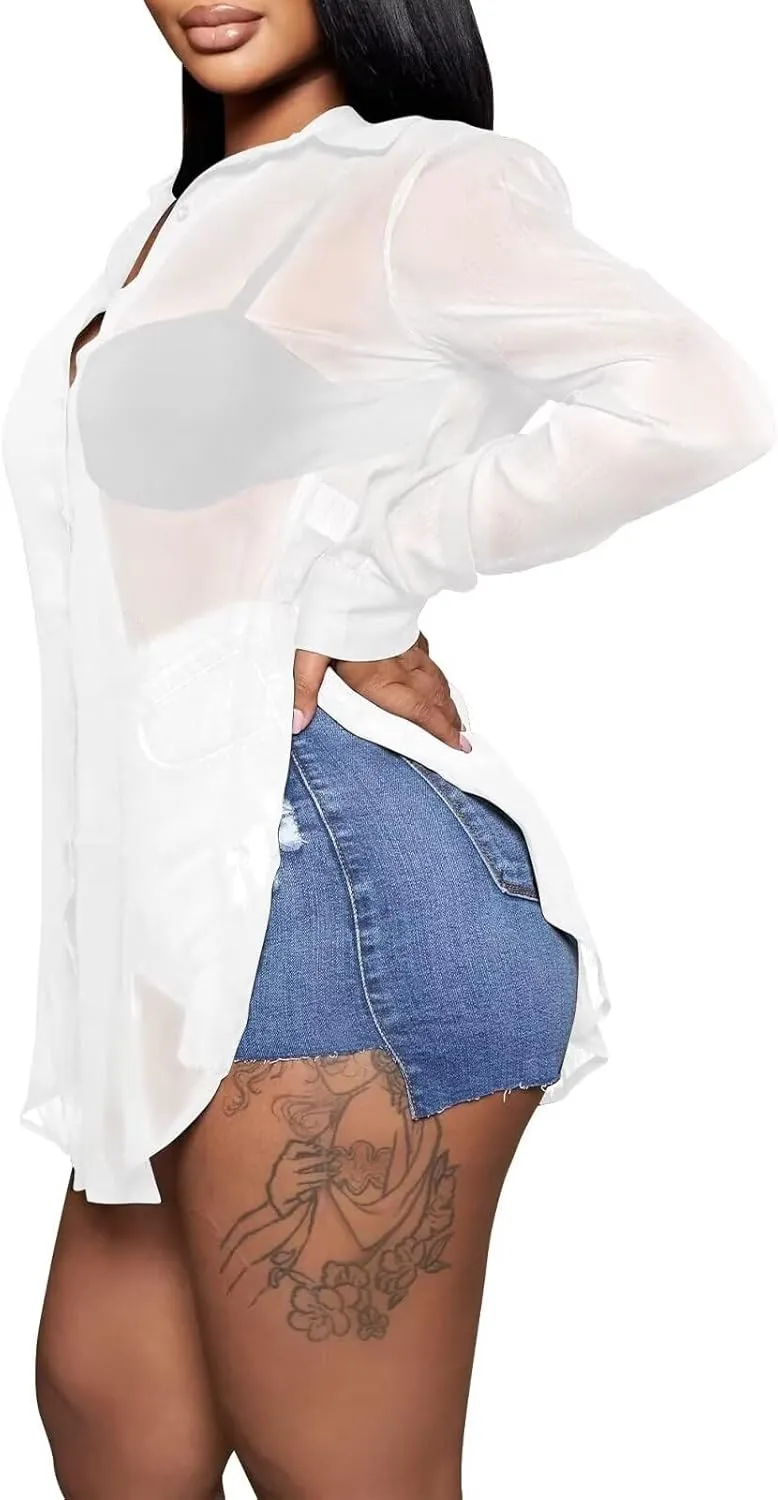 Women Collar V Neck Sheer Shirt See Through Button Down Split Blouse Top